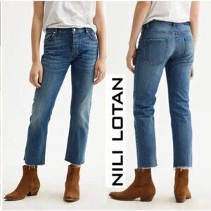 Nili Lotan Boyfriend Crop Jeans Raw Hem Mid Rise Blue Denim Size 28